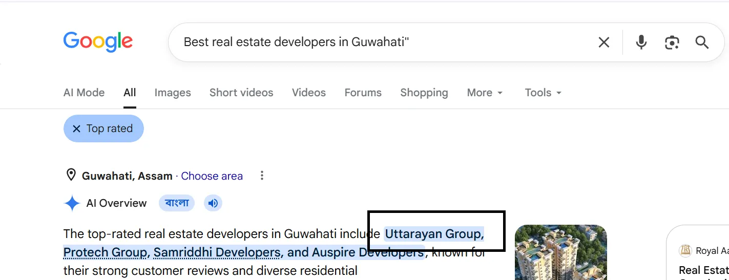 Google AI Overview screenshot: Best real estate developers in Guwahati